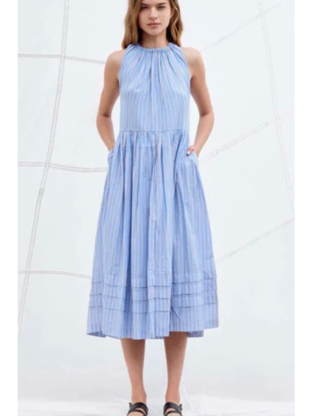 Sundry Waldorf Pleaded Maxi Blue and White Striped Dress,new without tags